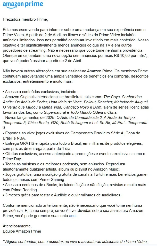 Carta da Amazon sobre anúncios no Amazon Prime Video